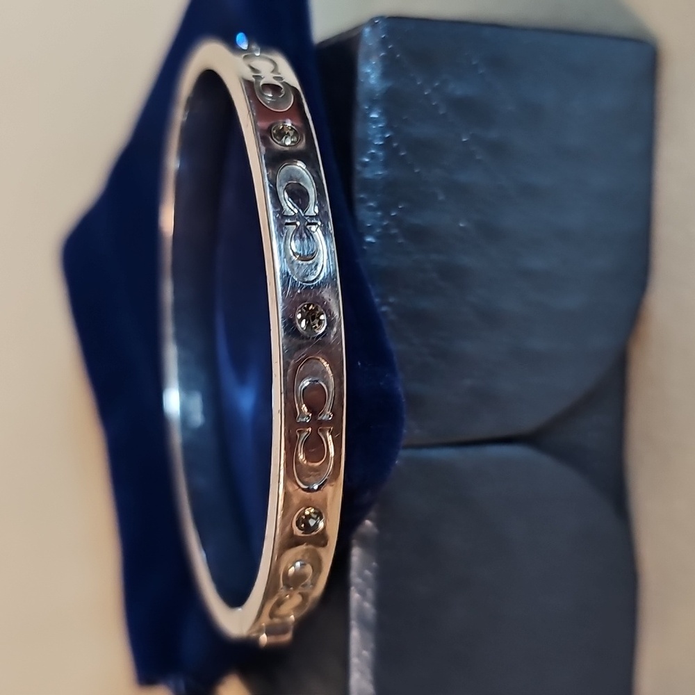 Coach Signature Pave Hinged Bracelet Silver & Rhinestone with Pouch Giftbox EUC - Picture 9 of 10